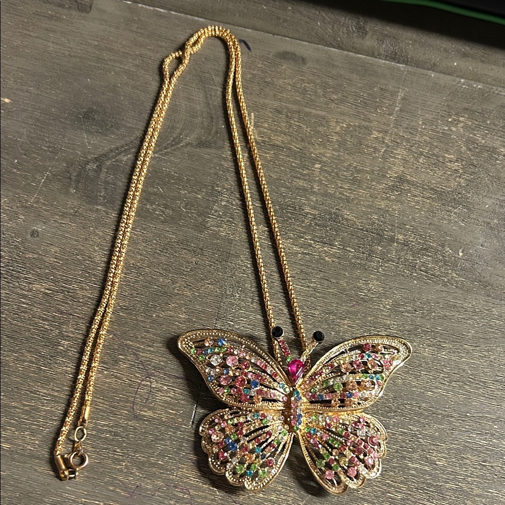 Gold Gemstone Butterfly Pendant Necklace - can wearโ as pendant or brooch